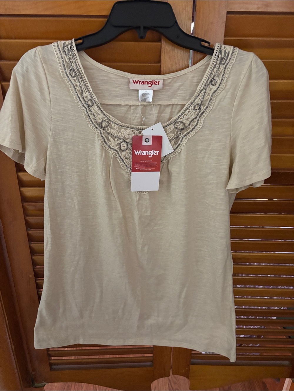 Wrangler Cream Short-Sleeve Scoop Neck Top with Embroidered Trim